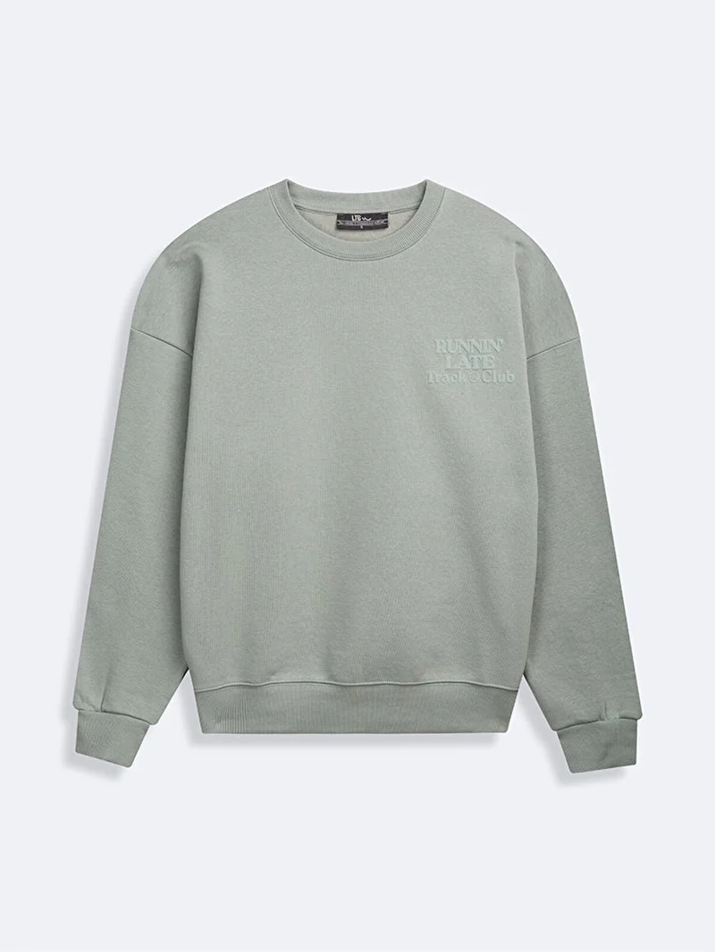 Crew Neck Slogan Long Sleeve Basic Green Sweatshirt