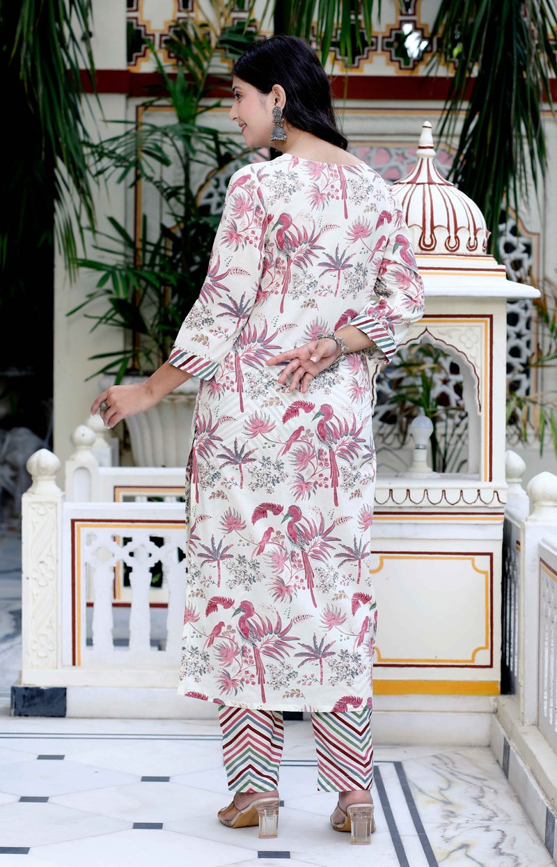 Miravan Womens Cotton Pink Scenic Birds And Floral Printed Straight Kurta And Palazzo - Image 5