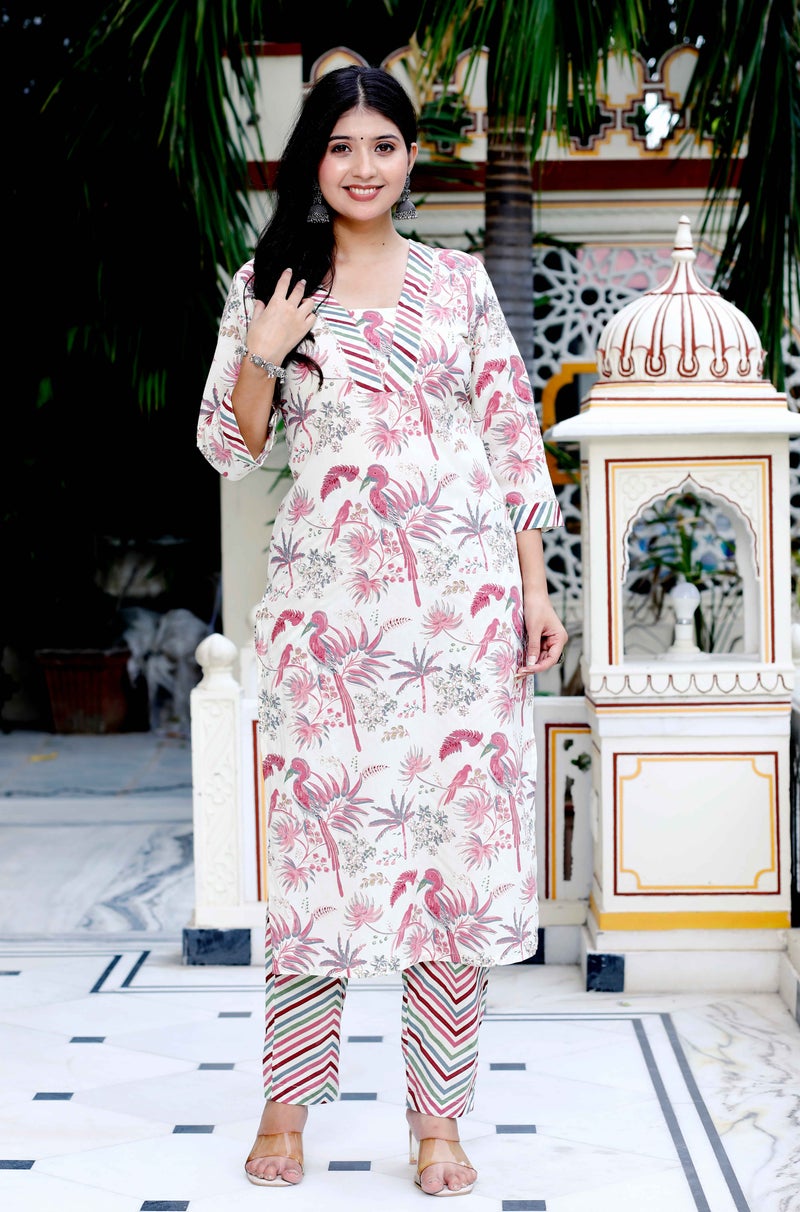 Miravan Womens Cotton Pink Scenic Birds And Floral Printed Straight Kurta And Palazzo - Image 1