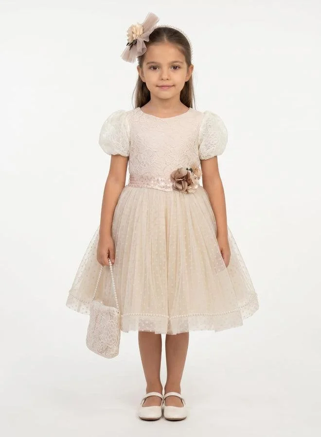 فيا بامبينو Ivory Lace Sequin-Belt Tulle Dress 9148