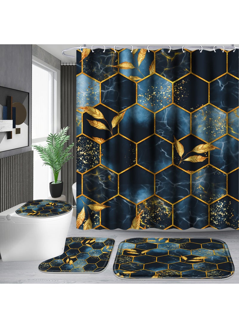 Poedist Poedist 4 Pcs Bathroom Shower Curtain SetBathroom Sets with RugsBath MatU Shape and Toilet Lid Cover Mat and 12 HooksBlack and Blue Honeycomb Marble 