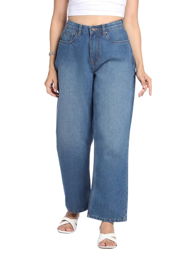 Women'S Indigo Denim Solid Pattern Full Length Relaxed Jeans