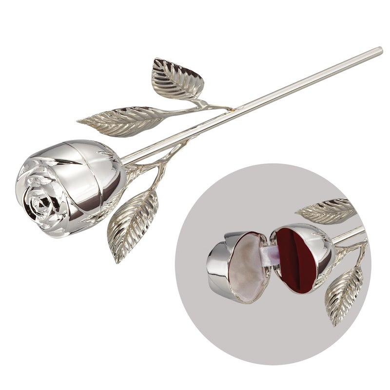 Elegance Rose Ring Holder with Long Stem, Silver