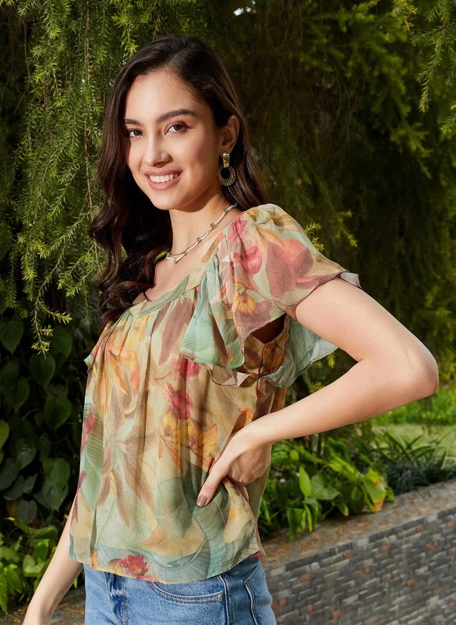SASSAFRAS Tropical Print Chiffon Top for Women