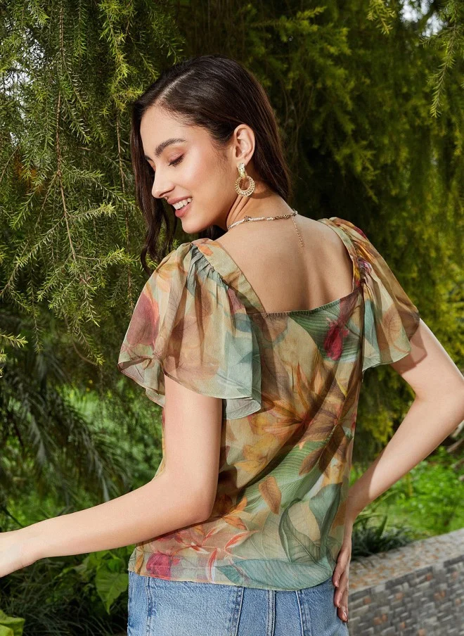 SASSAFRAS Tropical Print Chiffon Top for Women