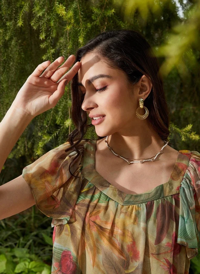 ساسافراس Tropical Print Chiffon Top for Women