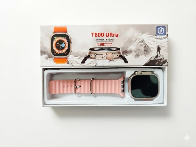 T800 Ultra Smart Watch – 1.99 Inch Screen, Wireless Charging, Fitness & Sleep Tracker, Silicone Band, Compatible with All Devices (Pink) - Image 2