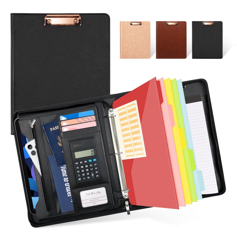 Ospelelf Zippered Padfolio Portfolio Folder, Leather Clipboard with Storage, 3 Ring Binder 1 Inch,12.1â€ Tablet Sleeve, 5 Dividers with Pocket, Refillable Notepad, Card Slot (Classic Black) - Image 1