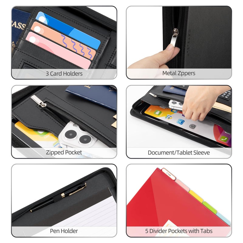 Ospelelf Zippered Padfolio Portfolio Folder, Leather Clipboard with Storage, 3 Ring Binder 1 Inch,12.1â€ Tablet Sleeve, 5 Dividers with Pocket, Refillable Notepad, Card Slot (Classic Black) - Image 4
