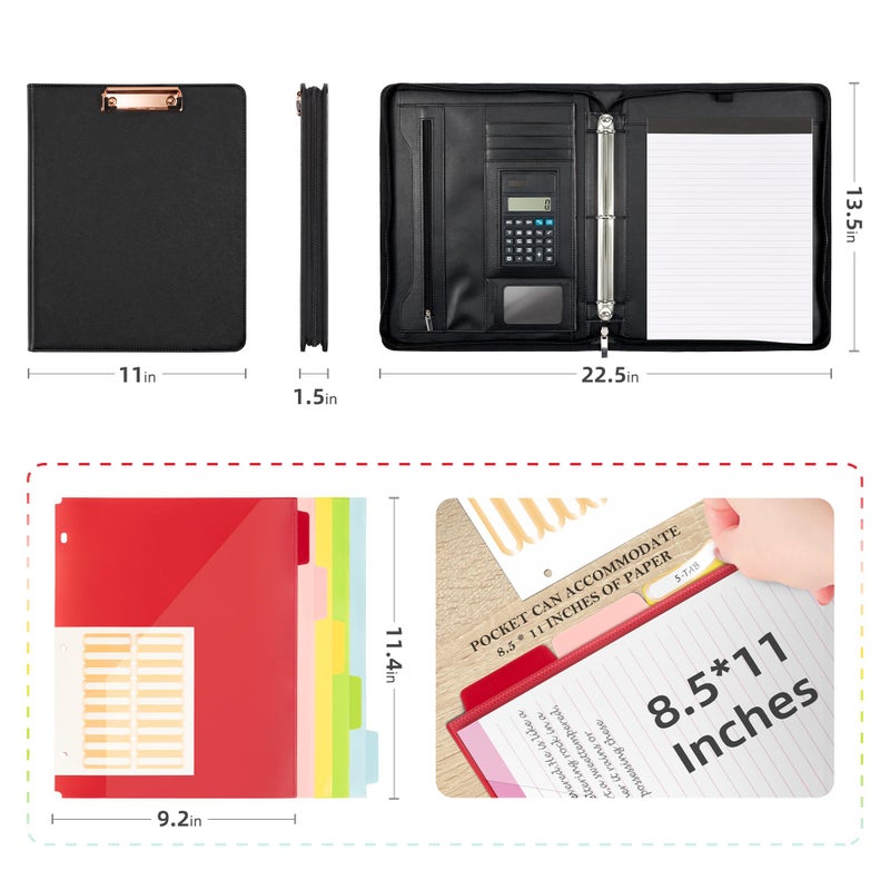 Ospelelf Zippered Padfolio Portfolio Folder, Leather Clipboard with Storage, 3 Ring Binder 1 Inch,12.1â€ Tablet Sleeve, 5 Dividers with Pocket, Refillable Notepad, Card Slot (Classic Black) - Image 2
