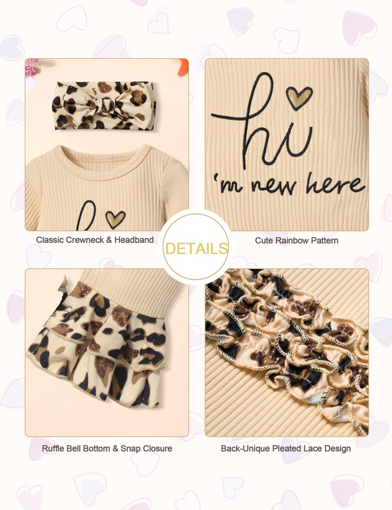 KANGKANG Baby Girl Clothes 0-3 Months hi I'm new here Romper Ruffle Long Sleeve Onesie Leopard Print Bell Bottom Jumpsuit with Hat Headband Boho Baby Girl Outfit Beige - Image 5