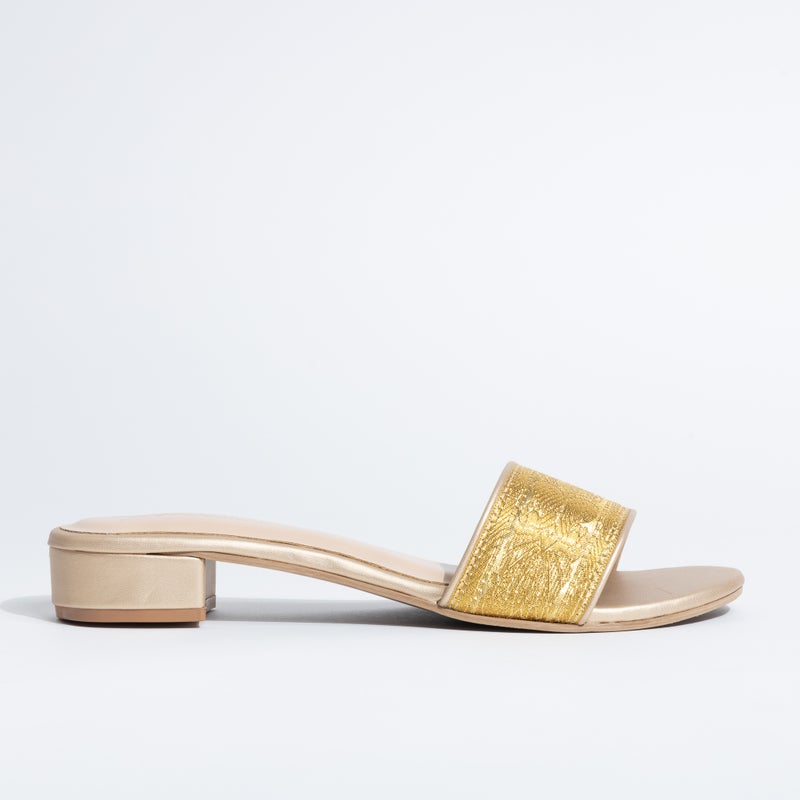 Crystalicious Marigold Handcrafted Low Block Flat Sandals | Zari Ribbon, Comfort Casual Slip-On Sandal - Image 4