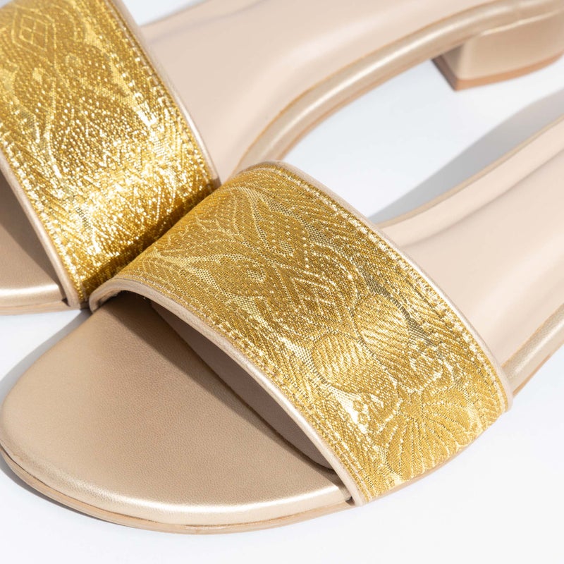 Crystalicious Marigold Handcrafted Low Block Flat Sandals | Zari Ribbon, Comfort Casual Slip-On Sandal - Image 3