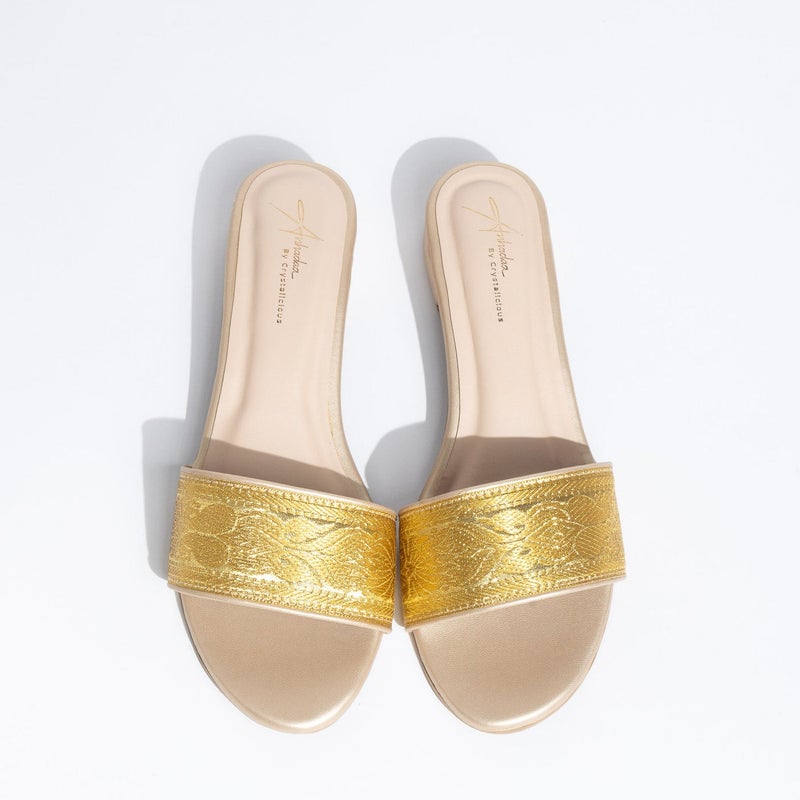Crystalicious Marigold Handcrafted Low Block Flat Sandals | Zari Ribbon, Comfort Casual Slip-On Sandal - Image 2