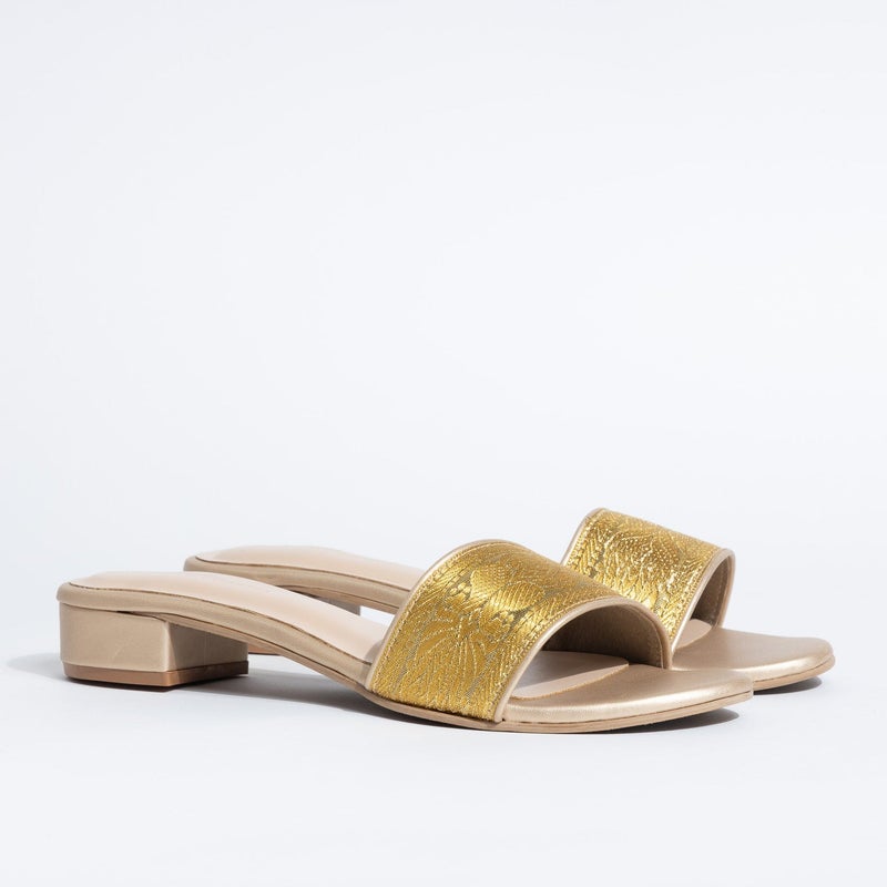 Crystalicious Marigold Handcrafted Low Block Flat Sandals | Zari Ribbon, Comfort Casual Slip-On Sandal - Image 1