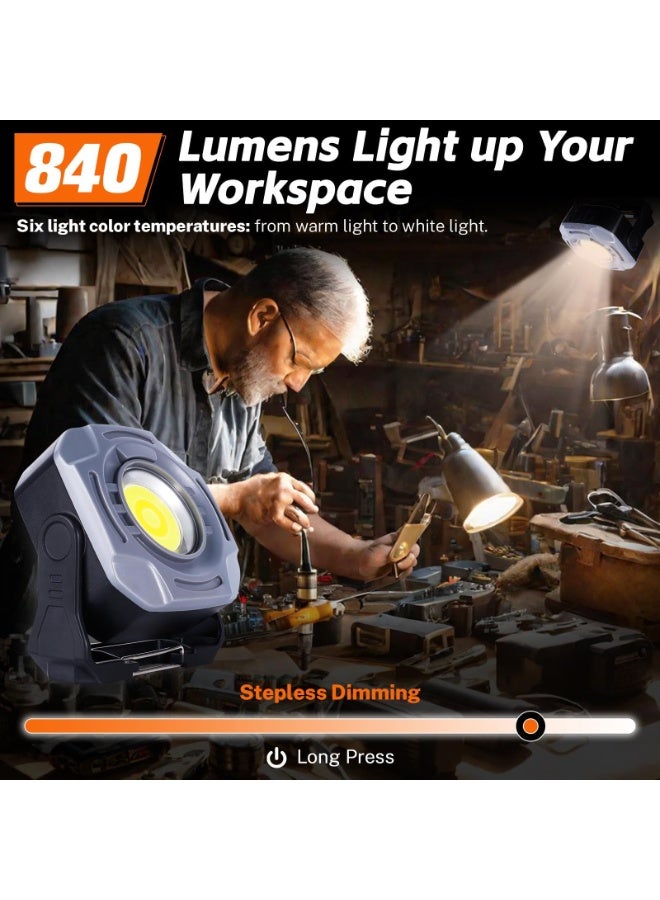 مصباح عمل قابل لإعادة الشحن، بسعة 4000 مللي أمبير/ساعة، 840 لومن، خاصية التعتيم المستمر، عمر بطارية طويل جدًا يصل إلى 30 ساعة، تصميم مغناطيسي، دوران 330 درجة، مزود بخطاف، تصميم محمول. مناسب للتخييم، أعمال البناء، ورش العمل، والمرائب، وحالات الطوارئ، إلخ. (رمادي) - Image 2