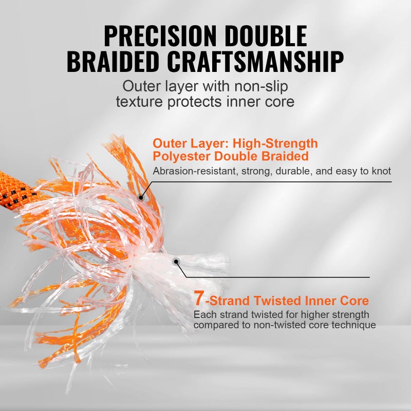 VEVOR Double Braided Polyester Rope, 3/8 in x 120 ft, 48 Strands, 4000 LBS Breaking Strength Outdoor Climbing Rope, Arborist Rigging Rope for Rock Hiking Camping Swing Rappelling Rescue, Orange/Black - Image 3