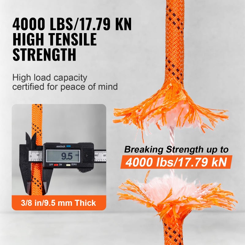 VEVOR Double Braided Polyester Rope, 3/8 in x 120 ft, 48 Strands, 4000 LBS Breaking Strength Outdoor Climbing Rope, Arborist Rigging Rope for Rock Hiking Camping Swing Rappelling Rescue, Orange/Black - Image 5