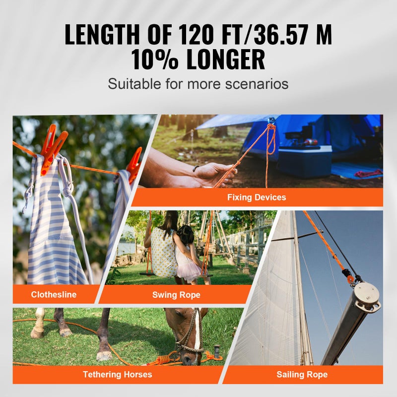 VEVOR Double Braided Polyester Rope, 3/8 in x 120 ft, 48 Strands, 4000 LBS Breaking Strength Outdoor Climbing Rope, Arborist Rigging Rope for Rock Hiking Camping Swing Rappelling Rescue, Orange/Black - Image 4