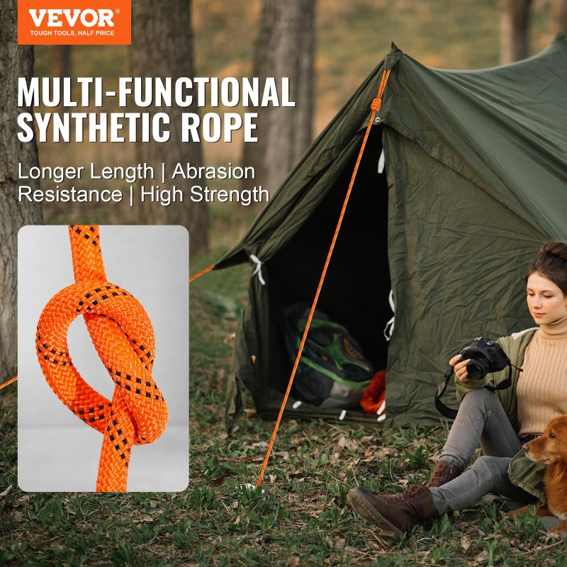 VEVOR Double Braided Polyester Rope, 3/8 in x 120 ft, 48 Strands, 4000 LBS Breaking Strength Outdoor Climbing Rope, Arborist Rigging Rope for Rock Hiking Camping Swing Rappelling Rescue, Orange/Black - Image 2