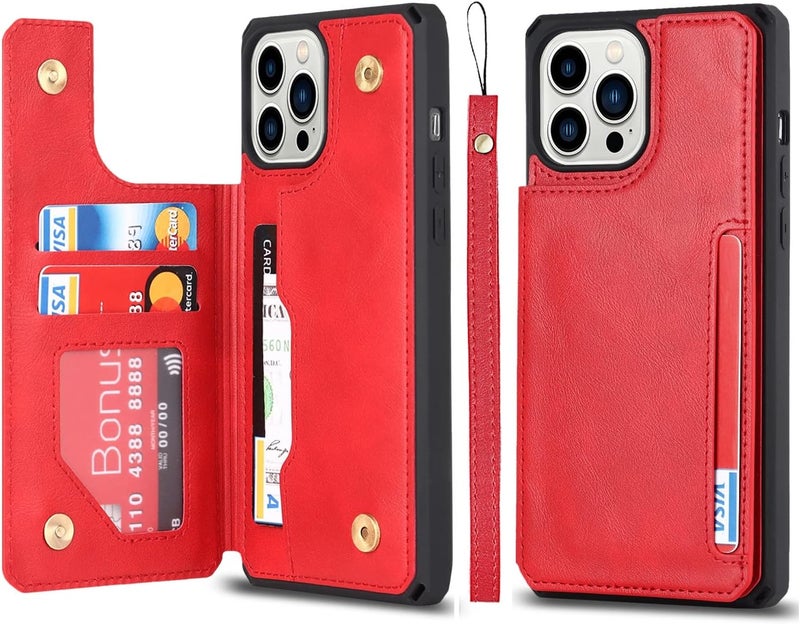 iCoverCase for iPhone 11 Pro Max Case, Wallet Card Holder Case Card Slots Wrist Strap PU Leather Flip Shockproof Cover for iPhone 11 Pro Max - Red - Image 1