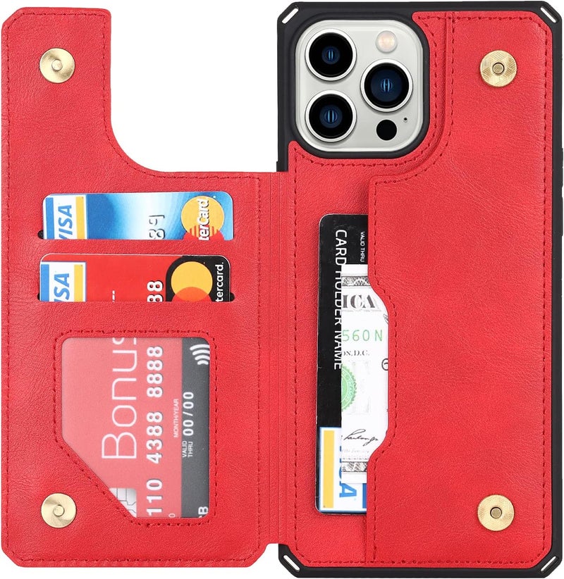 iCoverCase for iPhone 11 Pro Max Case, Wallet Card Holder Case Card Slots Wrist Strap PU Leather Flip Shockproof Cover for iPhone 11 Pro Max - Red - Image 2