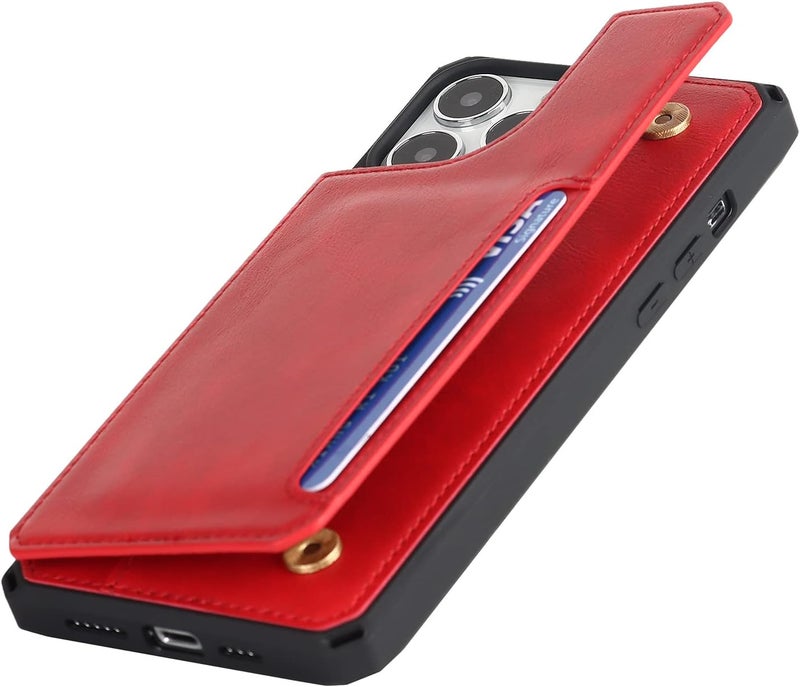 iCoverCase for iPhone 11 Pro Max Case, Wallet Card Holder Case Card Slots Wrist Strap PU Leather Flip Shockproof Cover for iPhone 11 Pro Max - Red - Image 4