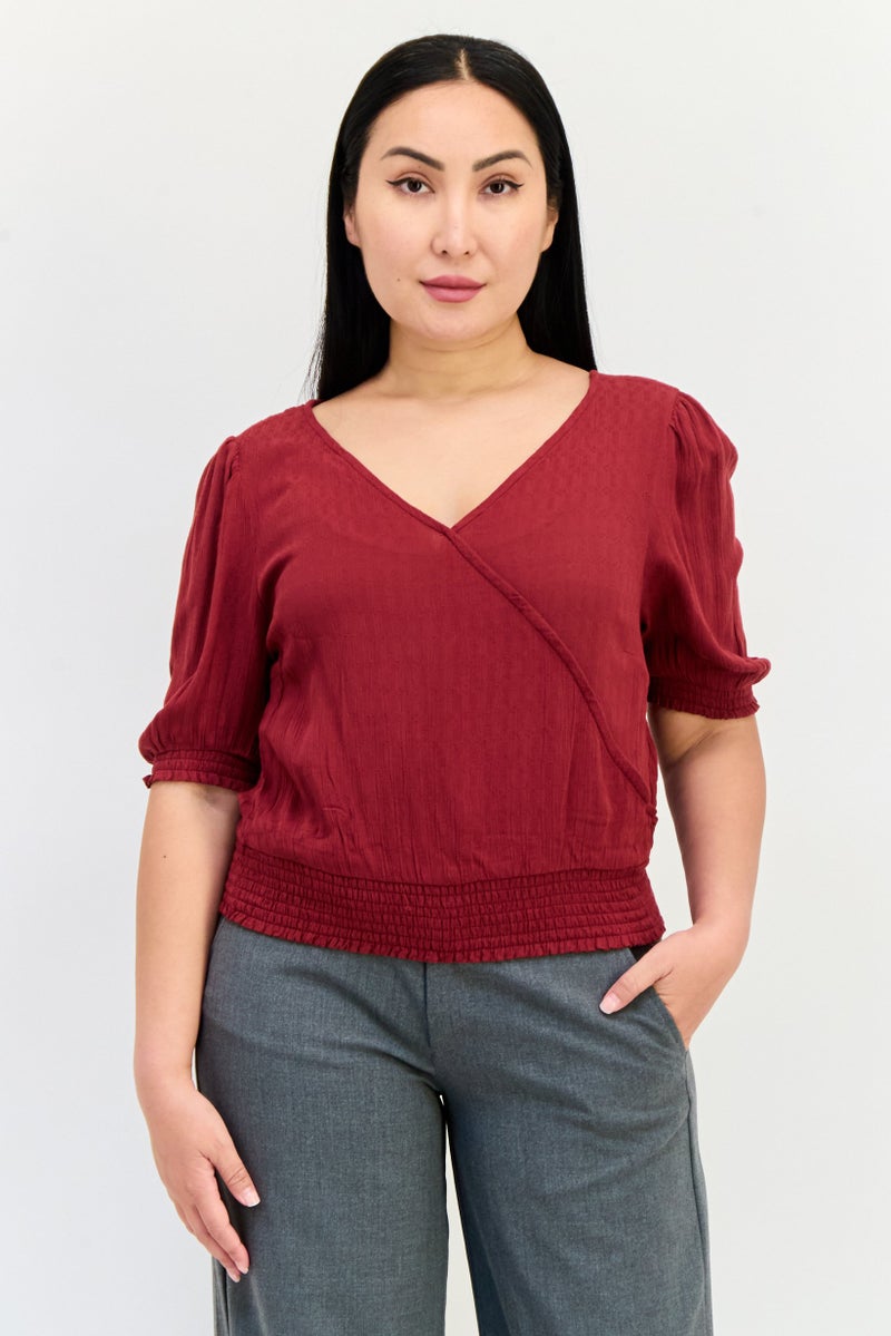 ONLY Women V Neck Short Sleeve Solid Top, Maroon - Image 1