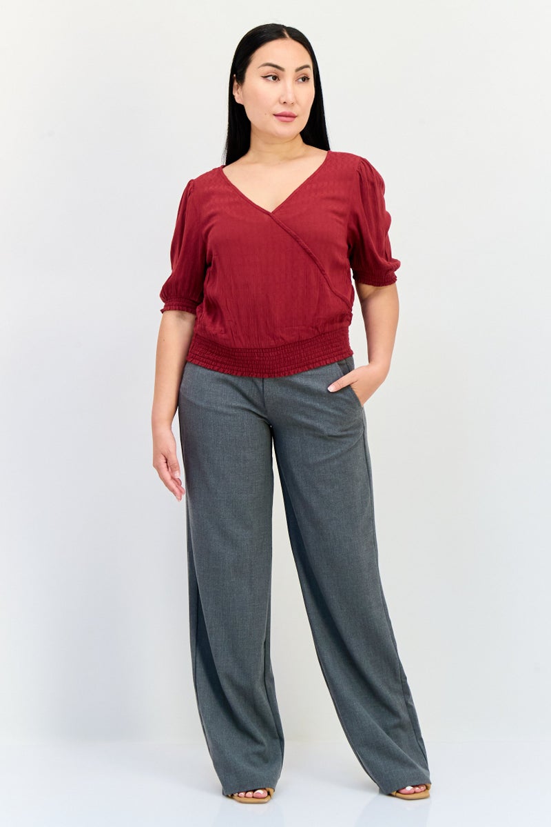 ONLY Women V Neck Short Sleeve Solid Top, Maroon - Image 4