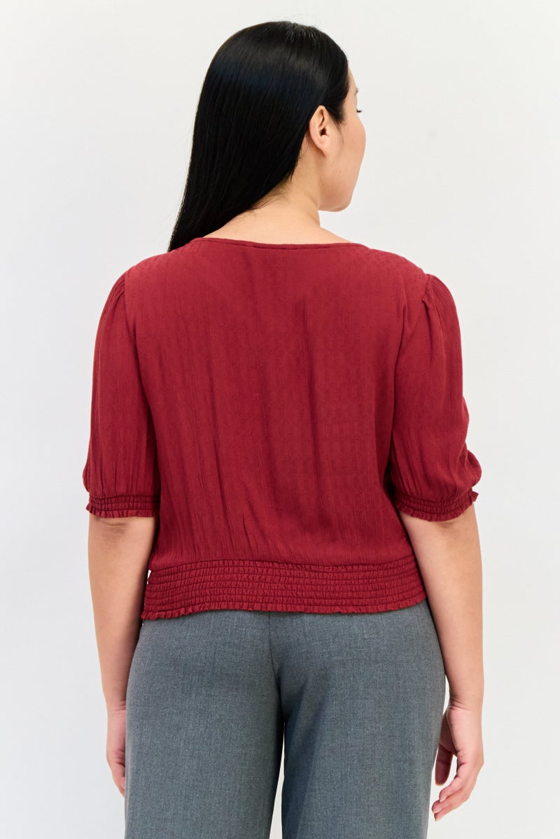 ONLY Women V Neck Short Sleeve Solid Top, Maroon - Image 2