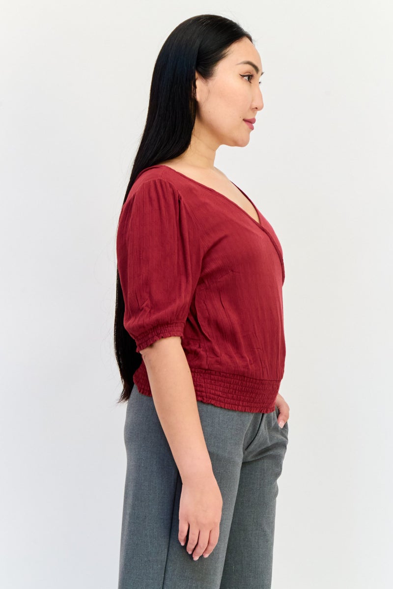 ONLY Women V Neck Short Sleeve Solid Top, Maroon - Image 3