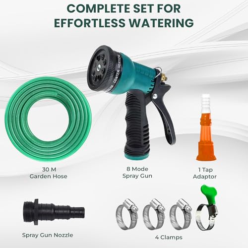ROOTS & LEAF Roots and Leaf 30M 0.5 Inch Braided PVC Garden Hose Pipe with 8 Pattern Spray Gun with 4 Clamps and tap Adaptor - Green | Heavy Duty Water Pipe for Garden, Car Washing, Garden Pipe for Home - Image 2