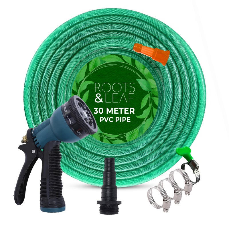 ROOTS & LEAF Roots and Leaf 30M 0.5 Inch Braided PVC Garden Hose Pipe with 8 Pattern Spray Gun with 4 Clamps and tap Adaptor - Green | Heavy Duty Water Pipe for Garden, Car Washing, Garden Pipe for Home - Image 4