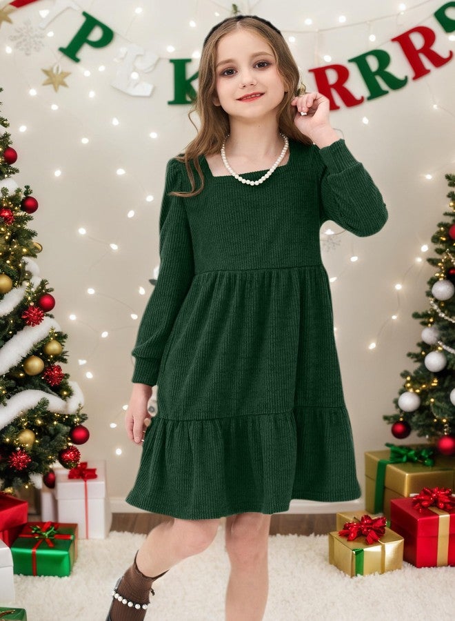 JiAmy Toddler Sweater Dress Girls Winter Square Neck Long Sleeve Tiered Ruffle Casual Dresses with Pocket Dark Green 4-5 Years - Image 3