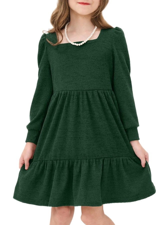 JiAmy Toddler Sweater Dress Girls Winter Square Neck Long Sleeve Tiered Ruffle Casual Dresses with Pocket Dark Green 4-5 Years - Image 1
