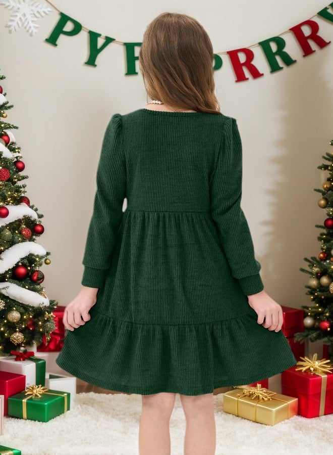 JiAmy Toddler Sweater Dress Girls Winter Square Neck Long Sleeve Tiered Ruffle Casual Dresses with Pocket Dark Green 4-5 Years - Image 5