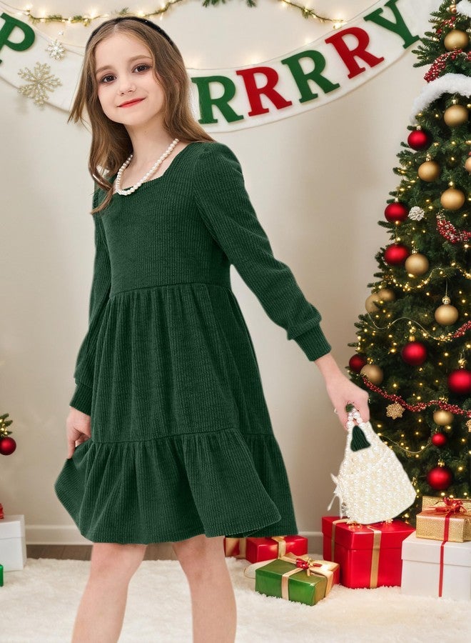 JiAmy Toddler Sweater Dress Girls Winter Square Neck Long Sleeve Tiered Ruffle Casual Dresses with Pocket Dark Green 4-5 Years - Image 4