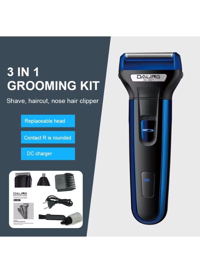 Professional Electric 3 in 1 Rechargeable Shaver Hair Trimmer Hair Clipper Nose Hair Trimmer Beard Grooming Kit with Replaceable Heads Electric Shaver Set for Trimming Sideburns Beard Nose Facial Hair Grooming Kit for Men