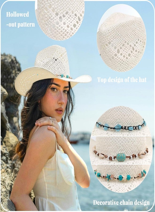 JIANGLAI Men's Women's Straw Cowboy Hat, Western Cowgirl Hat, Wide Brim Hollow Out Sun Beach Hat with Three Decorative Bands (US, Alpha, One Size, White) - Image 4