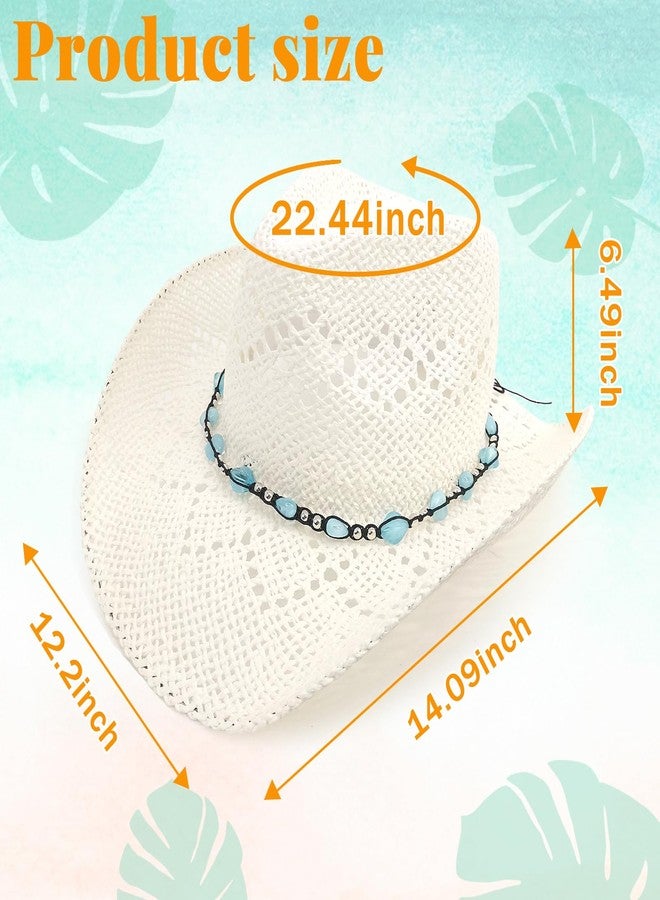 JIANGLAI Men's Women's Straw Cowboy Hat, Western Cowgirl Hat, Wide Brim Hollow Out Sun Beach Hat with Three Decorative Bands (US, Alpha, One Size, White) - Image 2