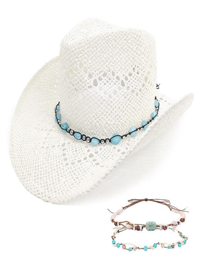 JIANGLAI Men's Women's Straw Cowboy Hat, Western Cowgirl Hat, Wide Brim Hollow Out Sun Beach Hat with Three Decorative Bands (US, Alpha, One Size, White) - Image 1
