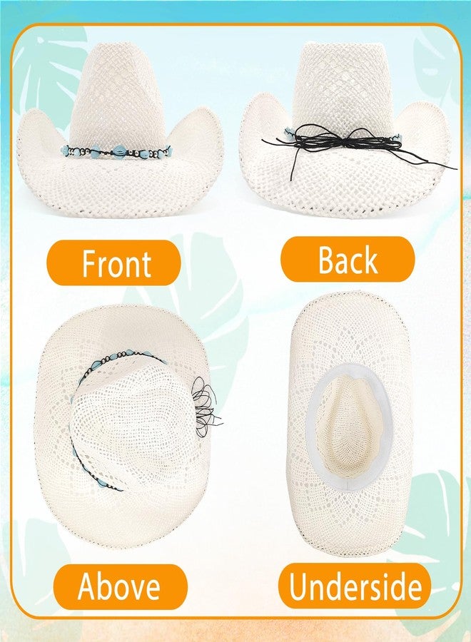 JIANGLAI Men's Women's Straw Cowboy Hat, Western Cowgirl Hat, Wide Brim Hollow Out Sun Beach Hat with Three Decorative Bands (US, Alpha, One Size, White) - Image 3