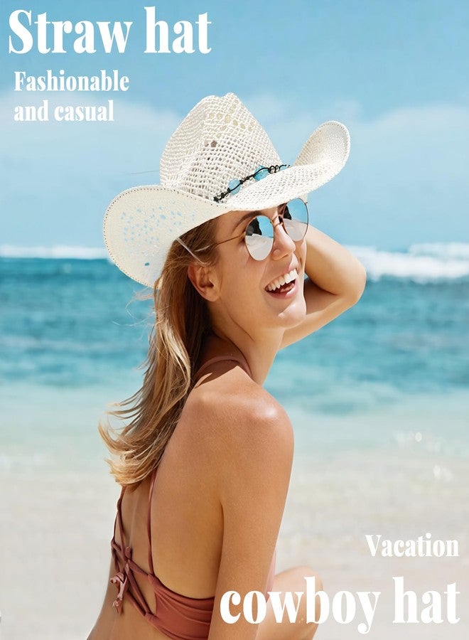 JIANGLAI Men's Women's Straw Cowboy Hat, Western Cowgirl Hat, Wide Brim Hollow Out Sun Beach Hat with Three Decorative Bands (US, Alpha, One Size, White) - Image 5