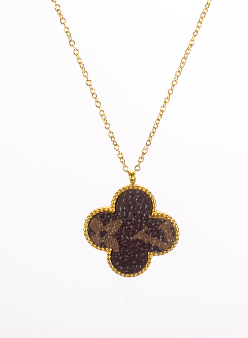 The Black Pearl Accessories Brown Leather Clover Leaf Stainless Steel Golden Pendant Necklace - Image 1