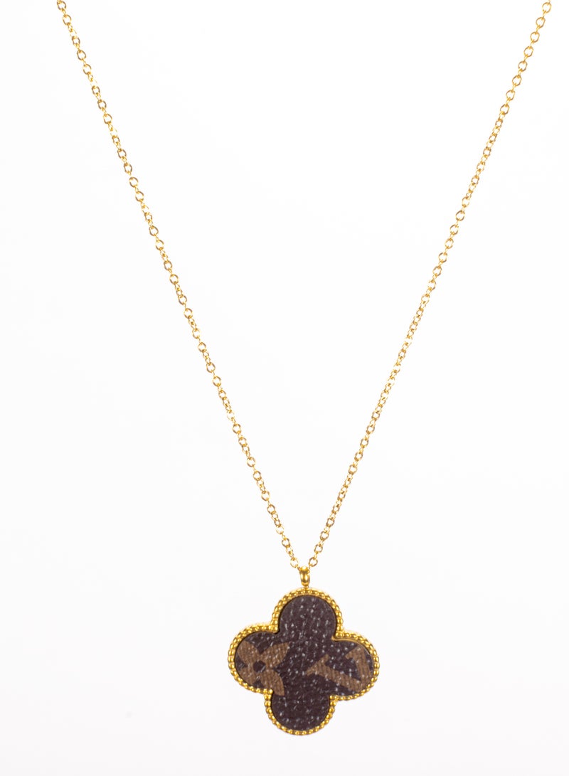 The Black Pearl Accessories Brown Leather Clover Leaf Stainless Steel Golden Pendant Necklace - Image 2