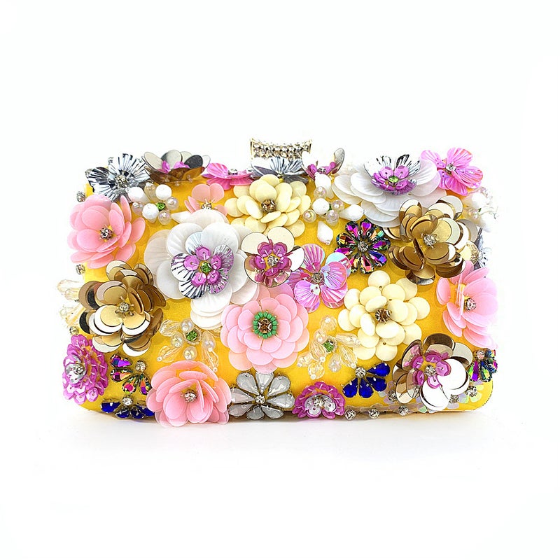 Handmade Beaded Flower Clutch Evening Bag Yellow