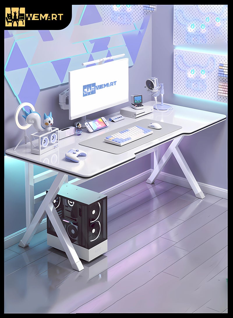 WEMART Ergonomic Large Comfortable Gaming Desk, Computer Desk, K-Shaped Gaming Table, PC Gaming Workstation, Home Offices, Space Saving, Easy Assembly (White, 140×60×75cm) - Image 1