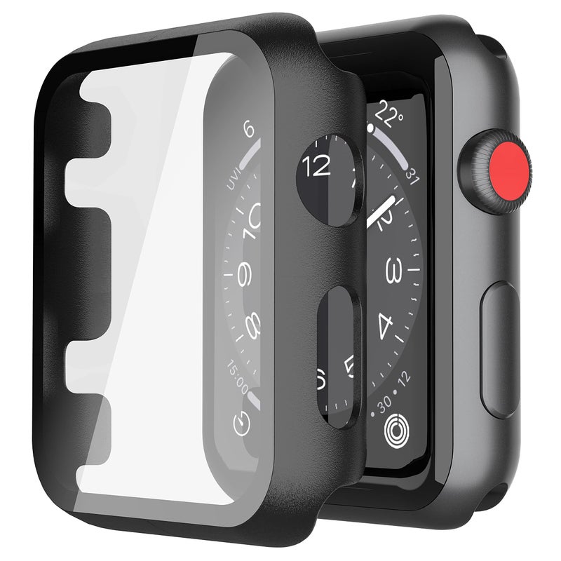 Misxi 2 Pack Hard PC Case with Tempered Glass Screen Protector Compatible with Apple Watch Series 3 and 2, 42mm, Ultra-Thin Scratch Resistant Overall Protective Cover for iWatch S3/S2, Black - Image 1