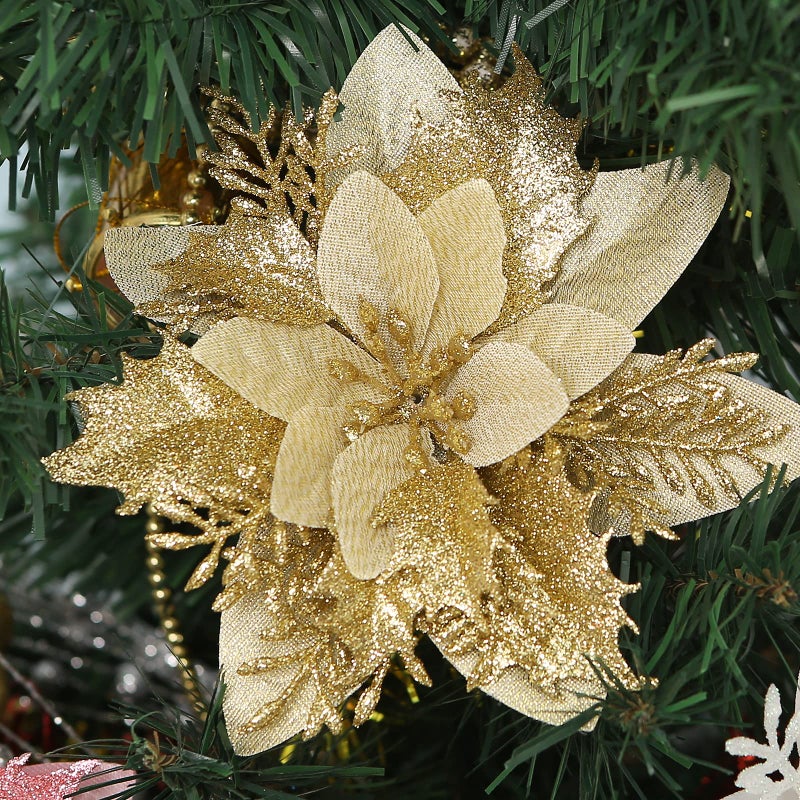 Vitalili 12 Pcs Poinsettia Artificial Christmas Flowers Decorations with Clips and Stems Glitter Christmas Poinsettia Decorations for Xmas Tree Ornaments Winter Party Wreath Decoration (Dark Golden) - Image 1