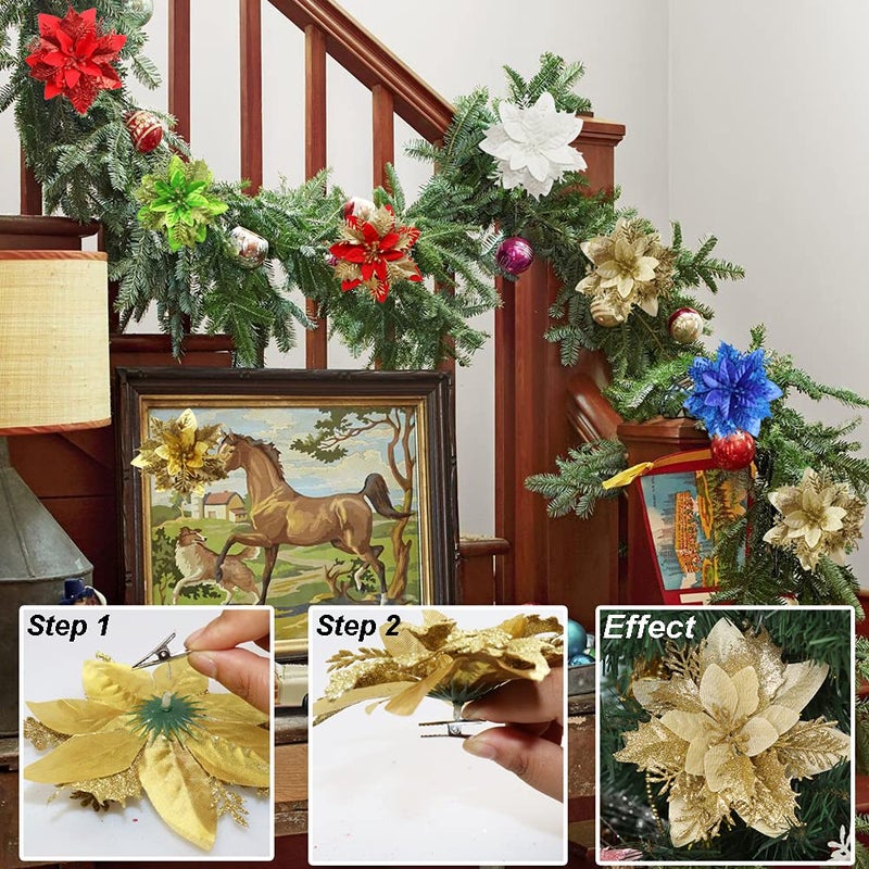 Vitalili 12 Pcs Poinsettia Artificial Christmas Flowers Decorations with Clips and Stems Glitter Christmas Poinsettia Decorations for Xmas Tree Ornaments Winter Party Wreath Decoration (Dark Golden) - Image 3
